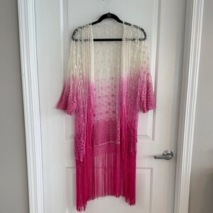 Pink and White Ombre Lace Fringe Duster Sz M